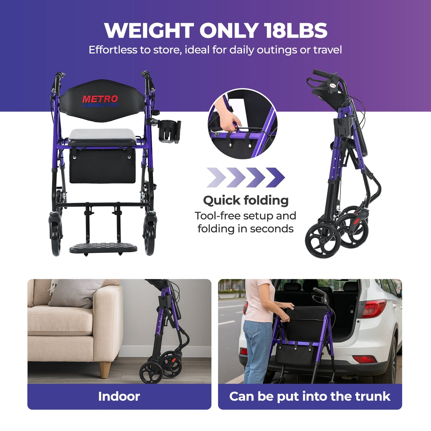 Metro Mobility M913P 2-in-1 Rollator and Transport Wheelchair
