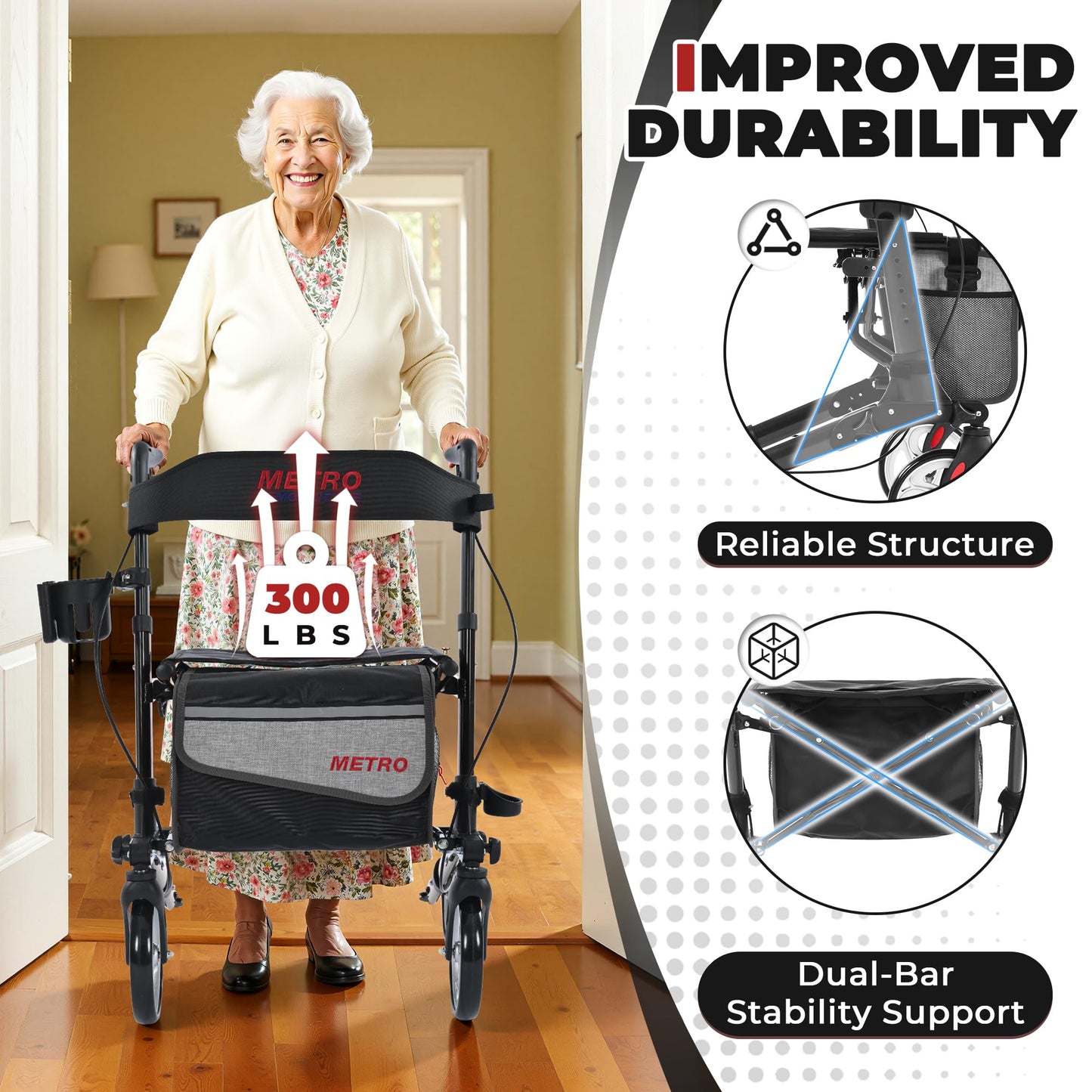 Metro Mobility – Foldable with Seat, 8" All-Terrain Wheels, Stable & Durable, 300 lb Capacity