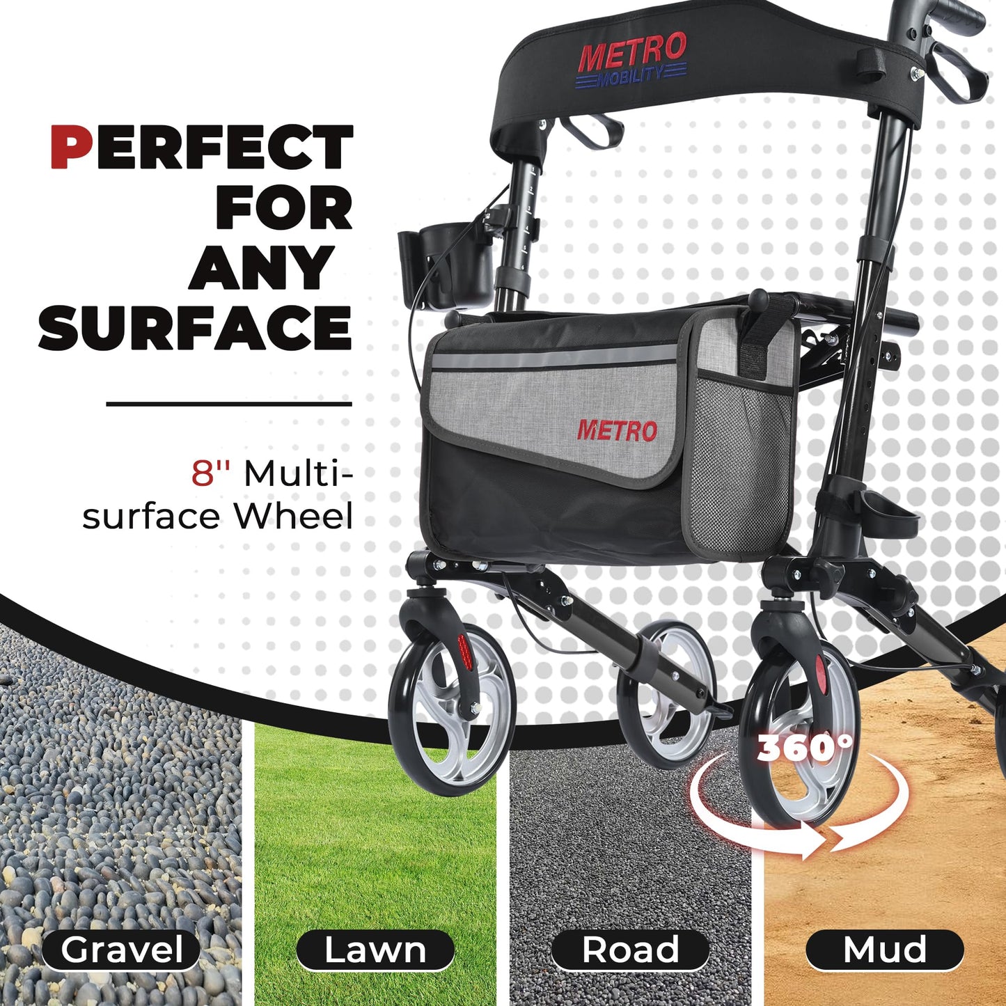 Metro Mobility – Foldable with Seat, 8" All-Terrain Wheels, Stable & Durable, 300 lb Capacity