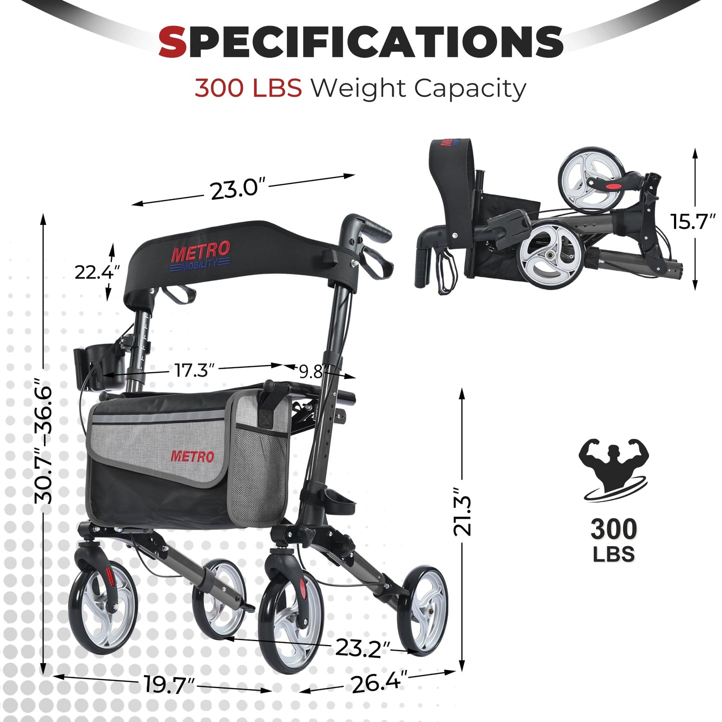 Metro Mobility – Foldable with Seat, 8" All-Terrain Wheels, Stable & Durable, 300 lb Capacity