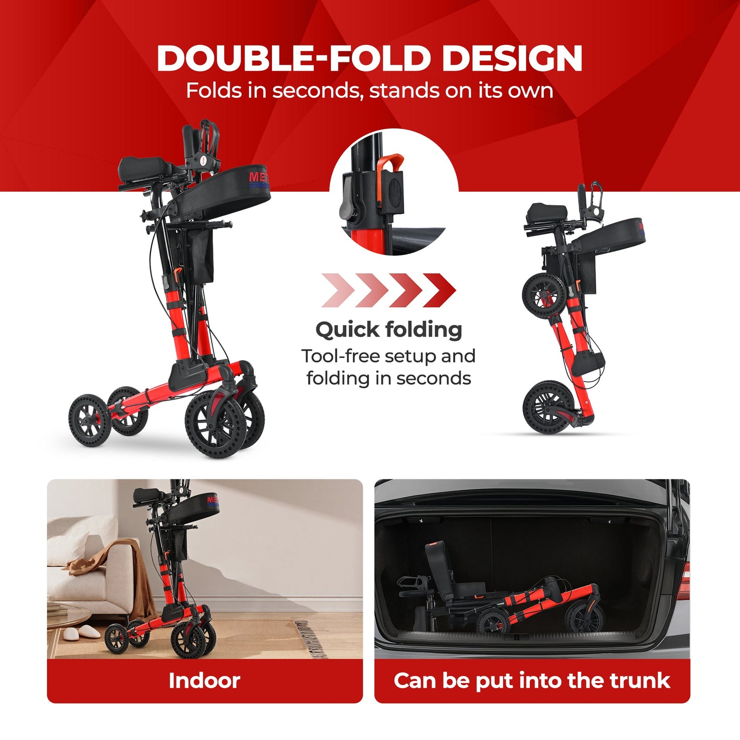 Metro Mobility M905BU Folding Rollator Walker with Seat – All-Terrain Wheels, 300 lb Capacity