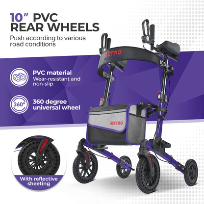 Metro Mobility M905BU Folding Rollator Walker with Seat – All-Terrain Wheels, 300 lb Capacity