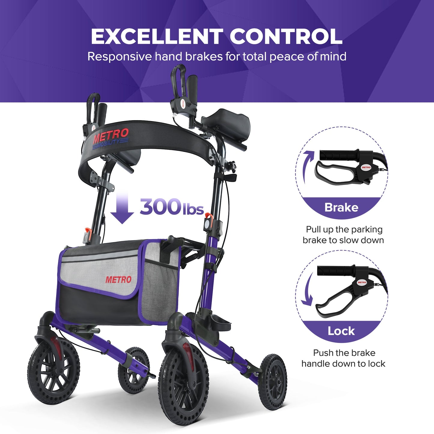 Metro Mobility M905BU Folding Rollator Walker with Seat – All-Terrain Wheels, 300 lb Capacity
