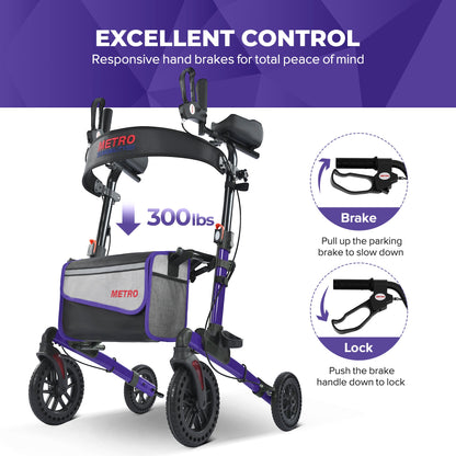Metro Mobility M905BU Folding Rollator Walker with Seat – All-Terrain Wheels, 300 lb Capacity