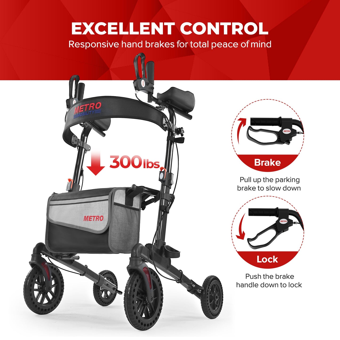 Metro Mobility M905BU Folding Rollator Walker with Seat – All-Terrain Wheels, 300 lb Capacity