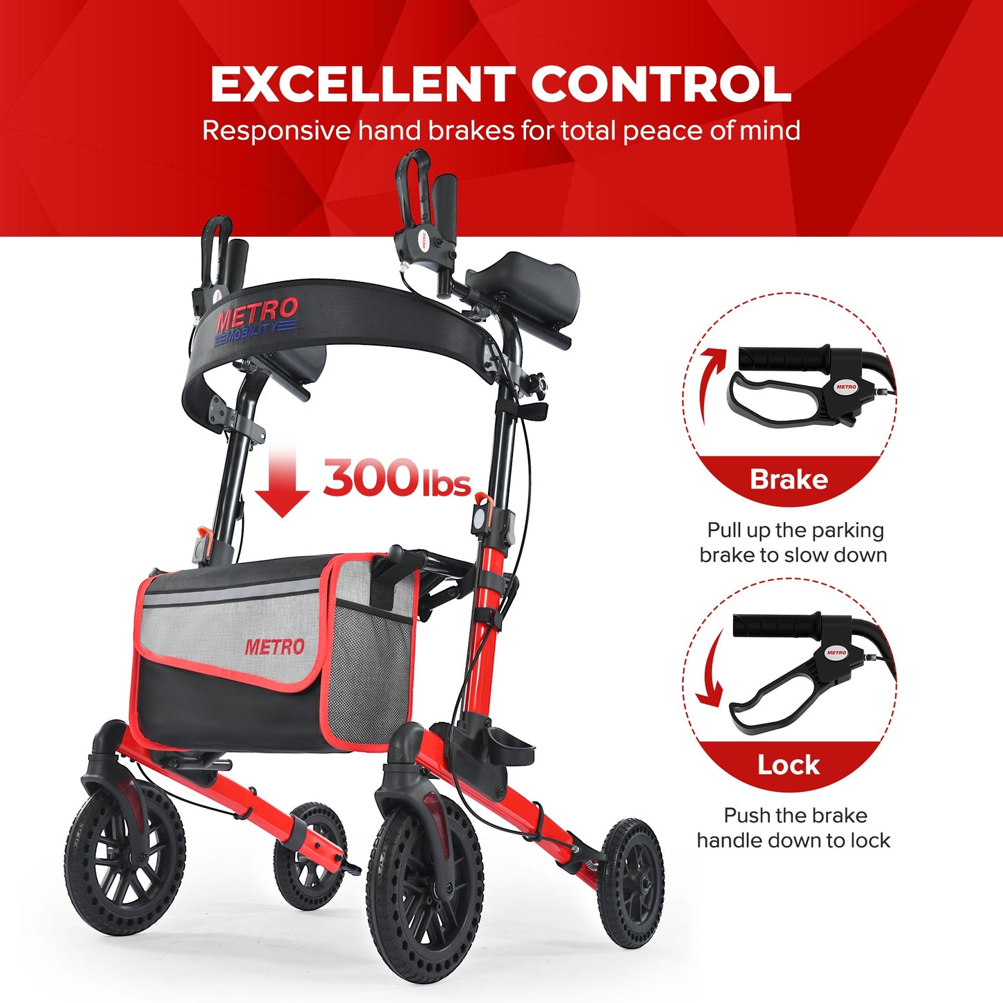 Metro Mobility M905BU Folding Rollator Walker with Seat – All-Terrain Wheels, 300 lb Capacity