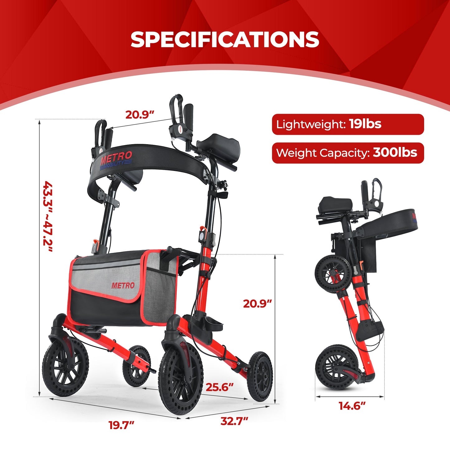 Metro Mobility M905BU Folding Rollator Walker with Seat – All-Terrain Wheels, 300 lb Capacity