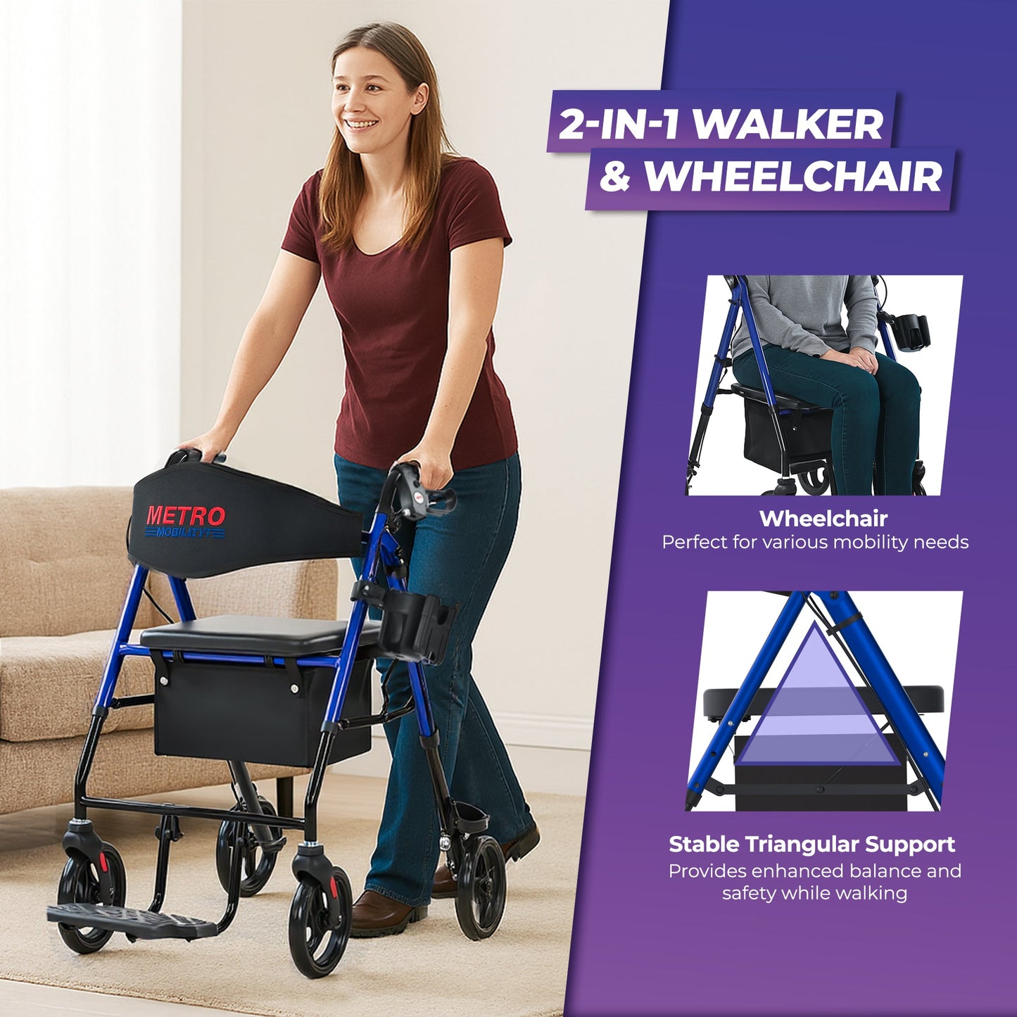 Metro Mobility M913P 2-in-1 Rollator and Transport Wheelchair