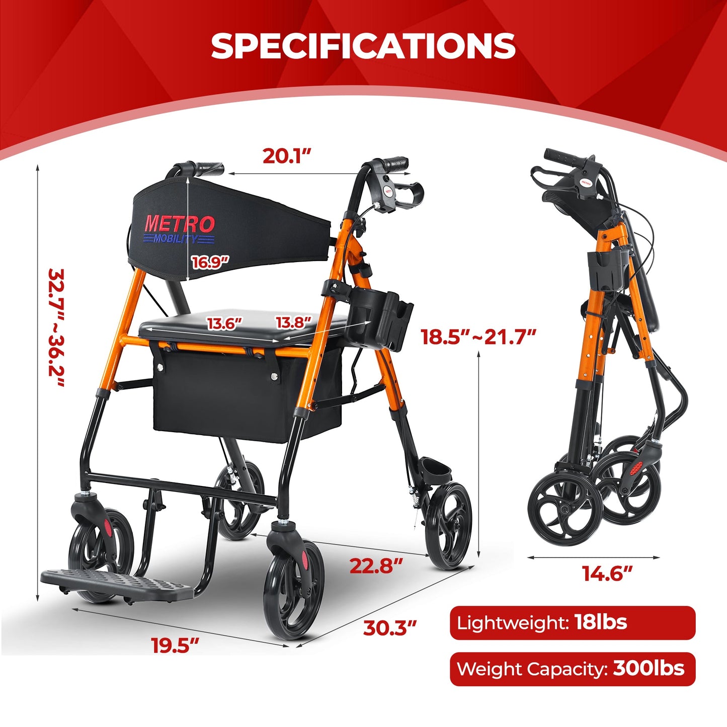 Metro Mobility M913P 2-in-1 Rollator and Transport Wheelchair