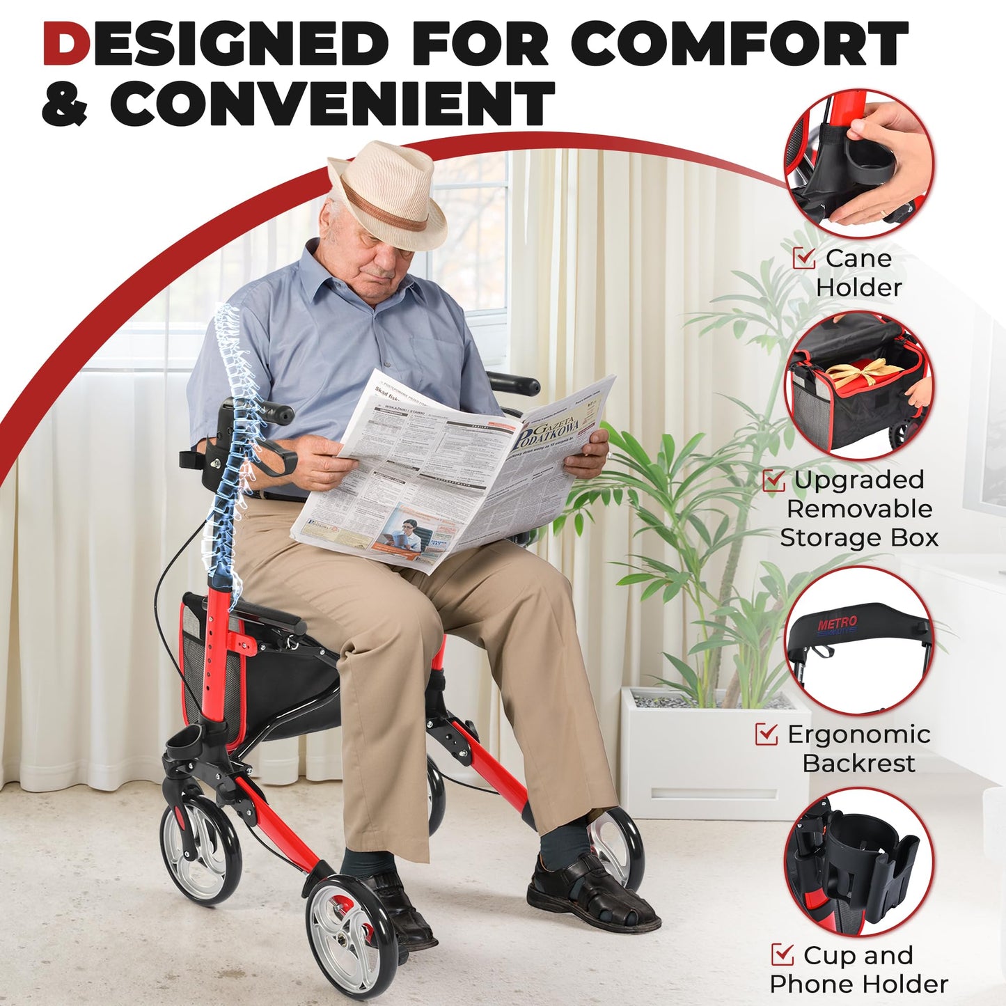 Metro Mobility – Foldable with Seat, 8" All-Terrain Wheels, Stable & Durable, 300 lb Capacity