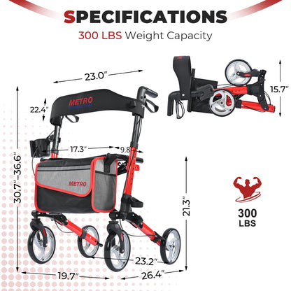 Metro Mobility – Foldable with Seat, 8" All-Terrain Wheels, Stable & Durable, 300 lb Capacity
